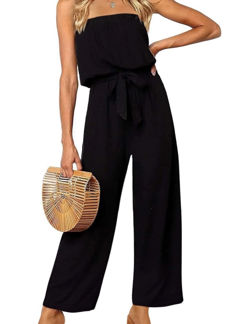 Zesica Black Strapless Wide-Leg Jumpsuit with Waist Tie